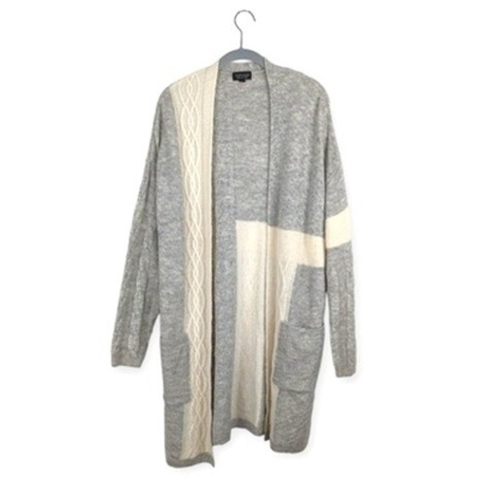 Topshop Gray Cream Cozy Cable Knit Open Front Long Cardigan Sweater 4‎ Casual